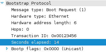 DHCP packet showing "Seconds elapsed: 14"