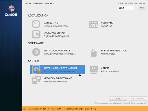 CentOS installer overview screen
