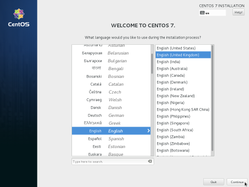 CentOS installer welcome screen