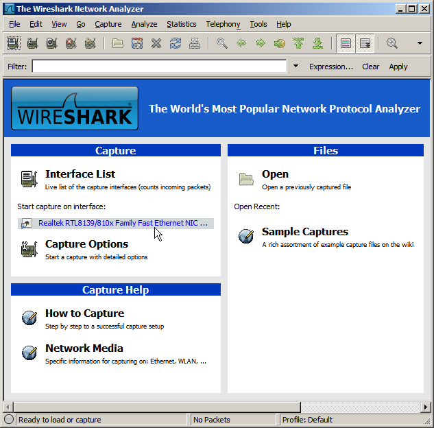 Wireshark welcome screen